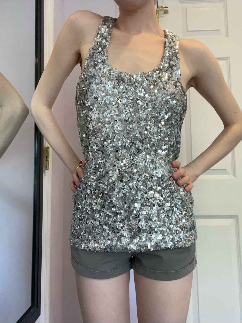 Alice+Olivia Secondhand Silver Sequin Razor Back Tank Top
